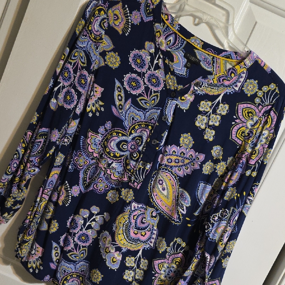 Talbots Navy Paisley Floral Blouse with Pink and Yellow Accents